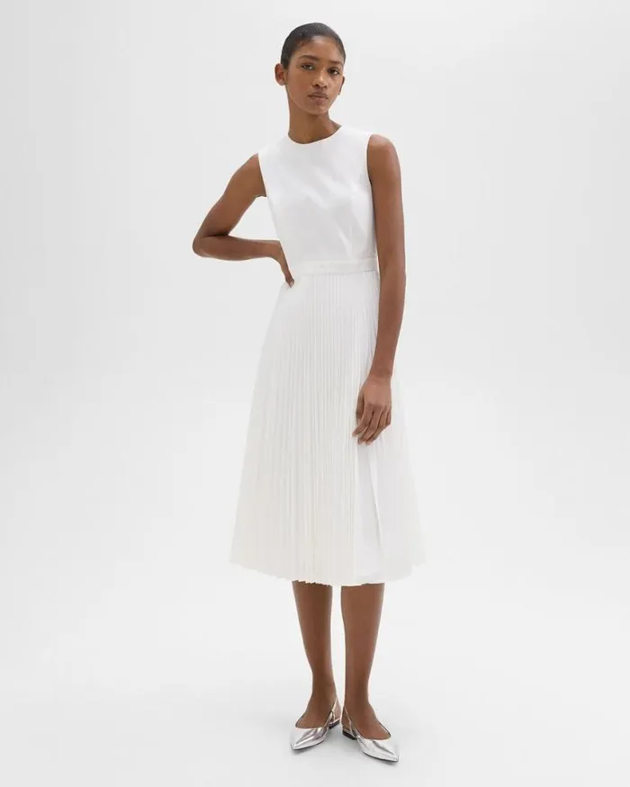 Dresses Women Theory Pleated Midi Dress In Sleek Poplin White