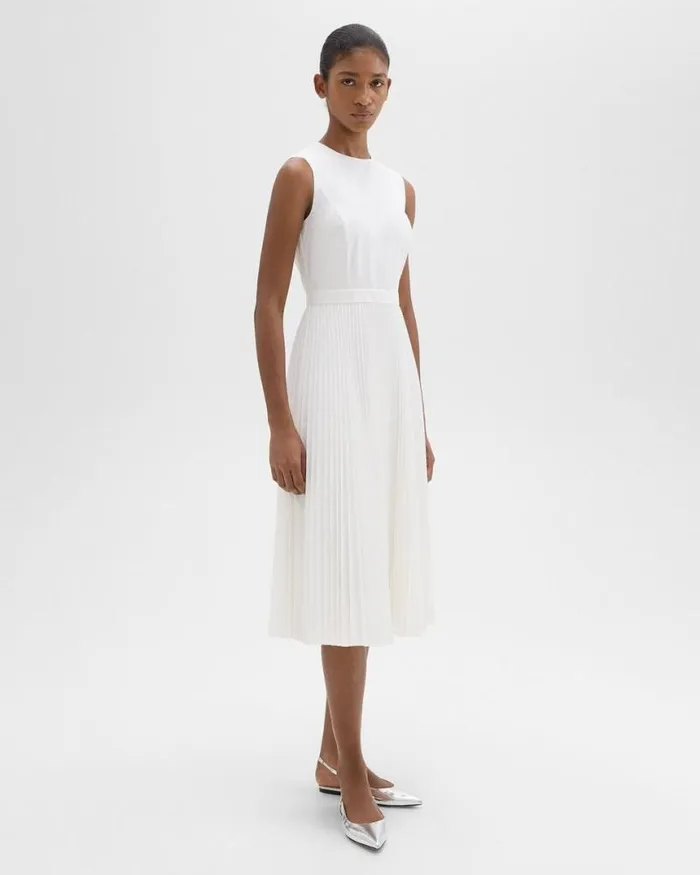Dresses Women Theory Pleated Midi Dress In Sleek Poplin White Dresses Women Theory Pleated Midi Dress In Sleek Poplin White