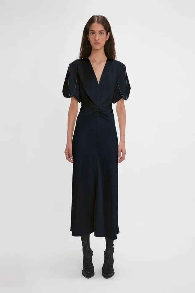 Dresses Women Victoria Beckham Exclusive Gathered VNeck Midi Dress In Navy