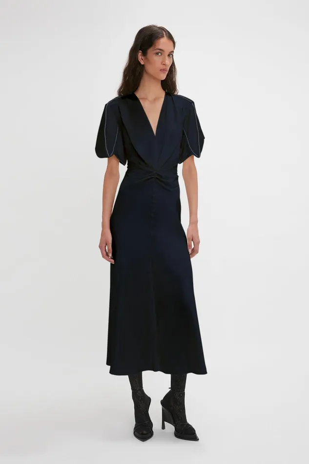 Dresses Women Victoria Beckham Exclusive Gathered VNeck Midi Dress In Navy