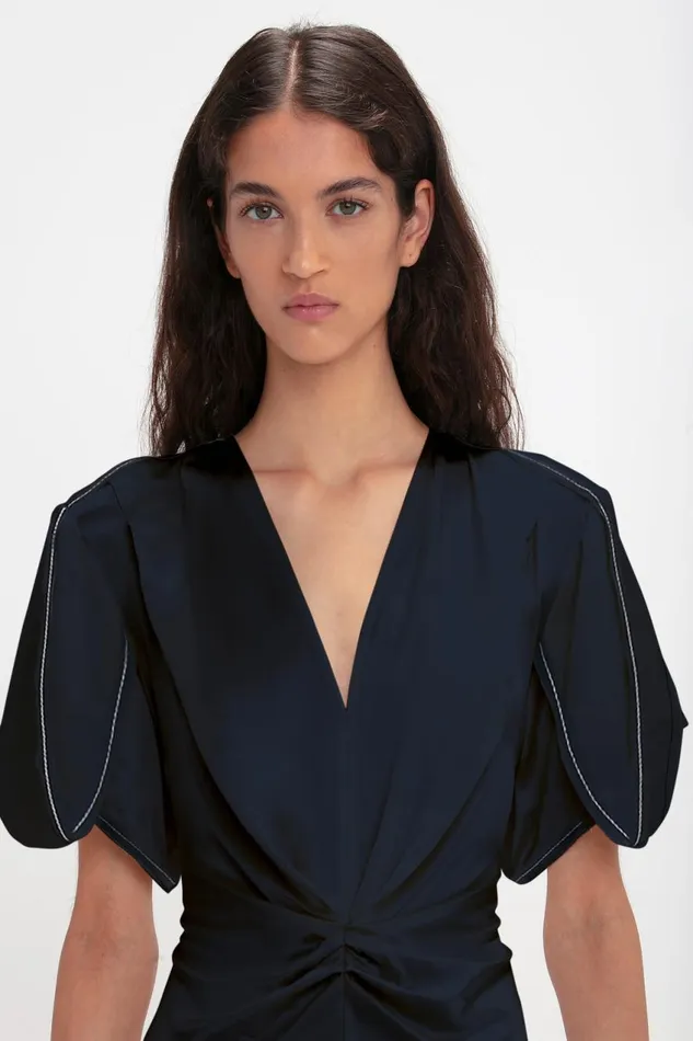 Dresses Women Victoria Beckham Exclusive Gathered VNeck Midi Dress In Navy