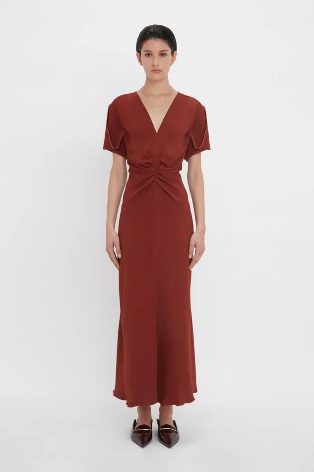 Dresses Women Victoria Beckham Gathered VNeck Midi Dress In Russet