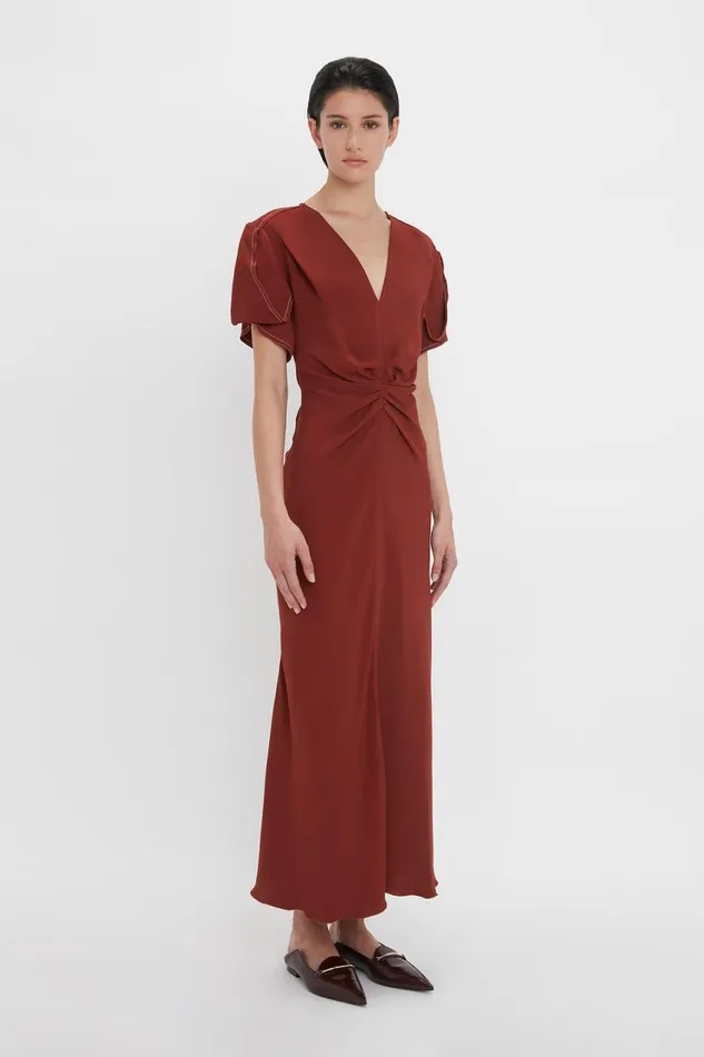Dresses Women Victoria Beckham Gathered VNeck Midi Dress In Russet Dresses Women Victoria Beckham Gathered VNeck Midi Dress In Russet
