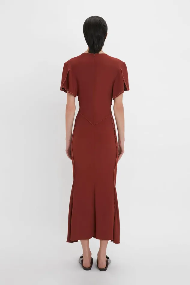 Dresses Women Victoria Beckham Gathered VNeck Midi Dress In Russet Dresses Women Victoria Beckham Gathered VNeck Midi Dress In Russet