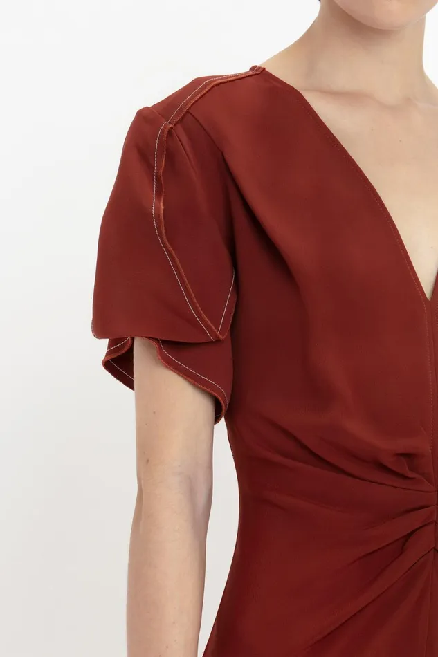Dresses Women Victoria Beckham Gathered VNeck Midi Dress In Russet Dresses Women Victoria Beckham Gathered VNeck Midi Dress In Russet