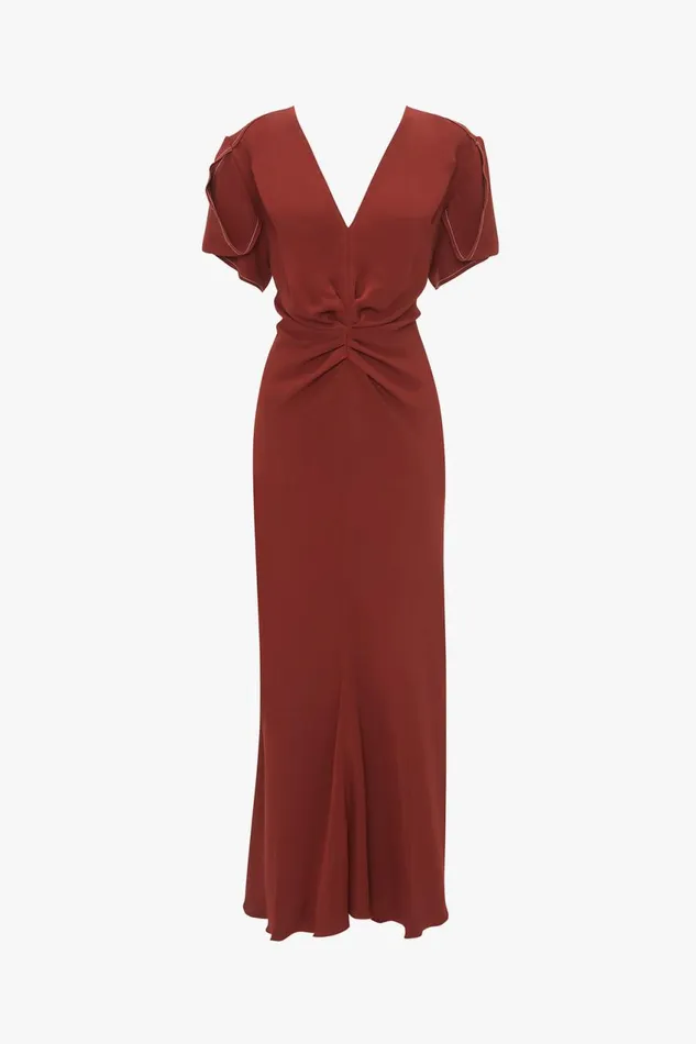 Dresses Women Victoria Beckham Gathered VNeck Midi Dress In Russet Dresses Women Victoria Beckham Gathered VNeck Midi Dress In Russet