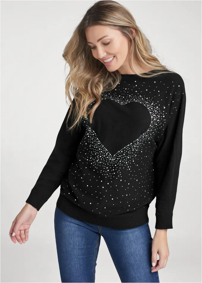 EMBELLISHED HEART SWEATER Black Women VENUS Pullover