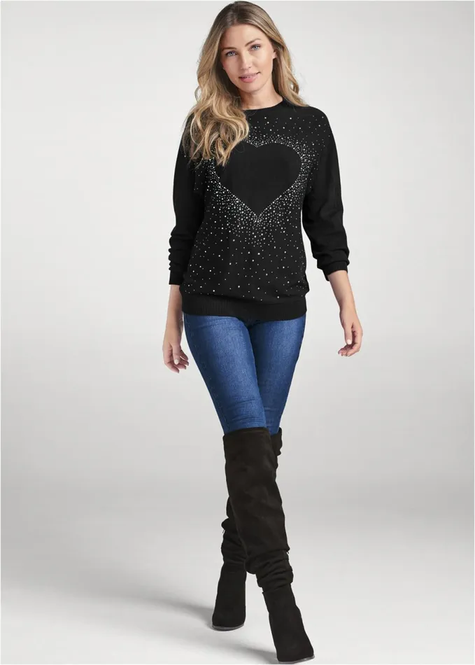 EMBELLISHED HEART SWEATER Black Women VENUS Pullover