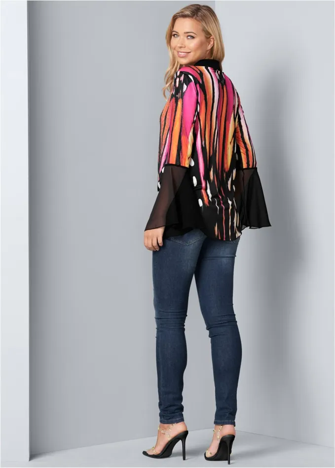 EMBELLISHED TIE FRONT PRINT TOP Black Multi Women VENUS Night Out Tops