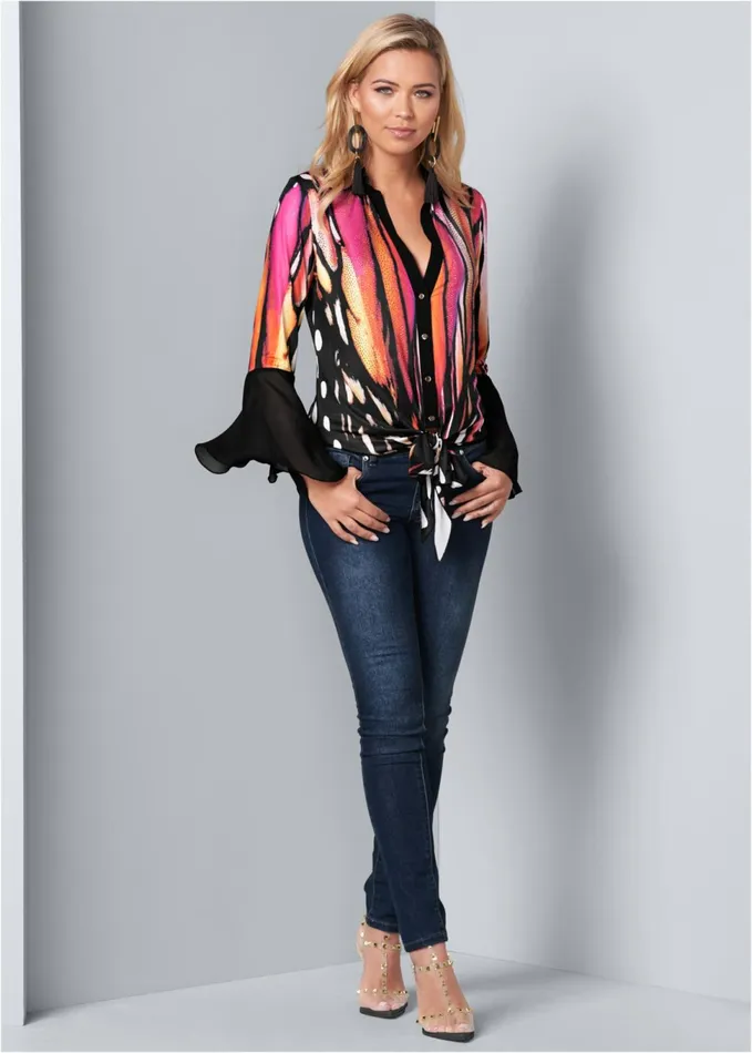 EMBELLISHED TIE FRONT PRINT TOP Black Multi Women VENUS Night Out Tops