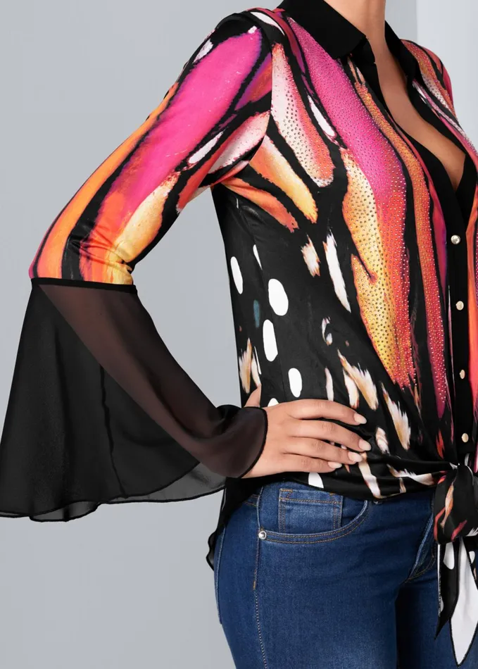 EMBELLISHED TIE FRONT PRINT TOP Black Multi Women VENUS Night Out Tops