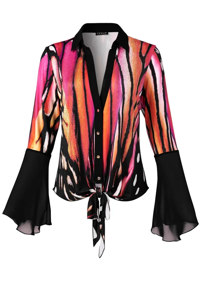 EMBELLISHED TIE FRONT PRINT TOP Black Multi Women VENUS Night Out Tops