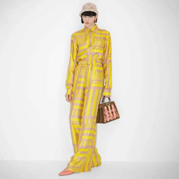Fendi Coordinated Sets Pants Golden Yellow Printed Silk Pants 8211 Women