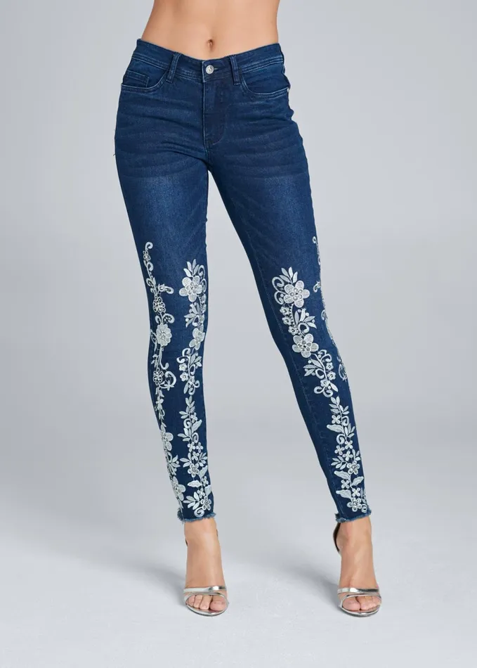 Floral Embroidered Jeans Denim Blue Women VENUS Novelty Jeans