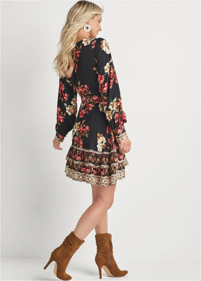 FLORAL PRINT MINI DRESS Black Multi Women VENUS Sundresses