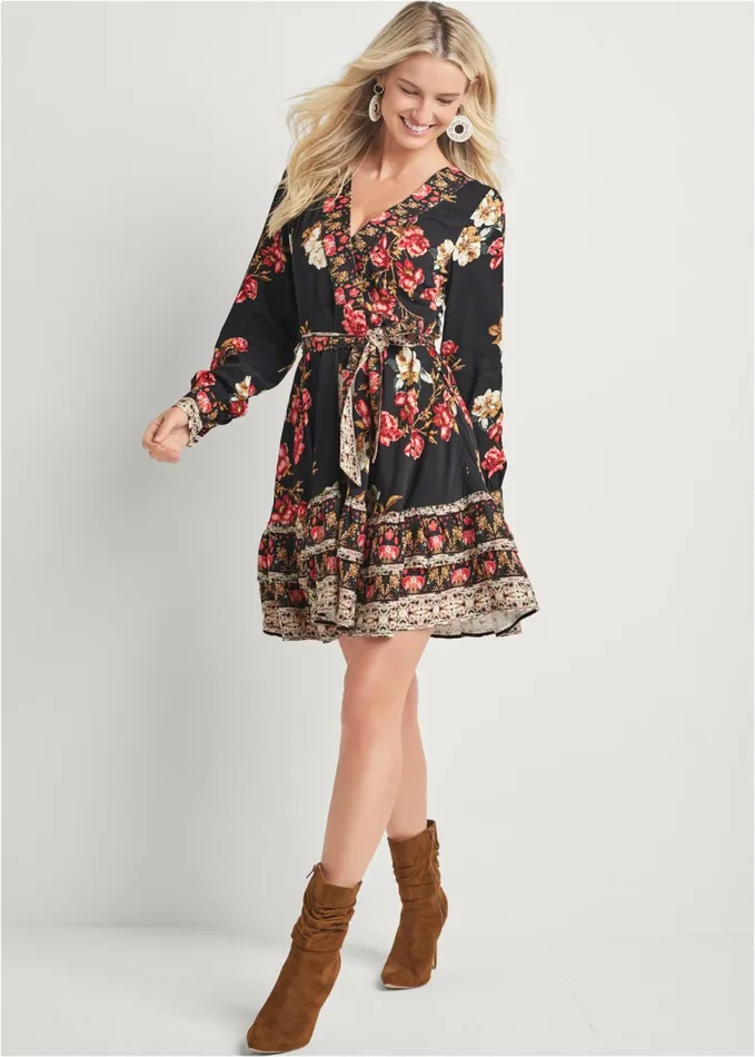 FLORAL PRINT MINI DRESS Black Multi Women VENUS Sundresses