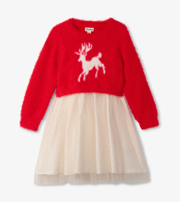 Girls Holiday Deer Mix Media Dress Hatley