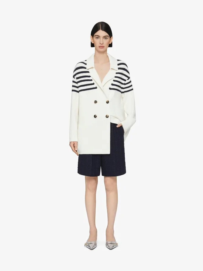 Givenchy 4G Striped Cardigan In Wool And Cotton Whitenavy Women Knitwear