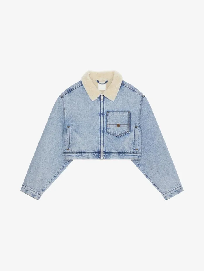Givenchy Cropped Jacket In Denim And Shearlingeffect Collar Light Blue Women Outerwear and Blousons
