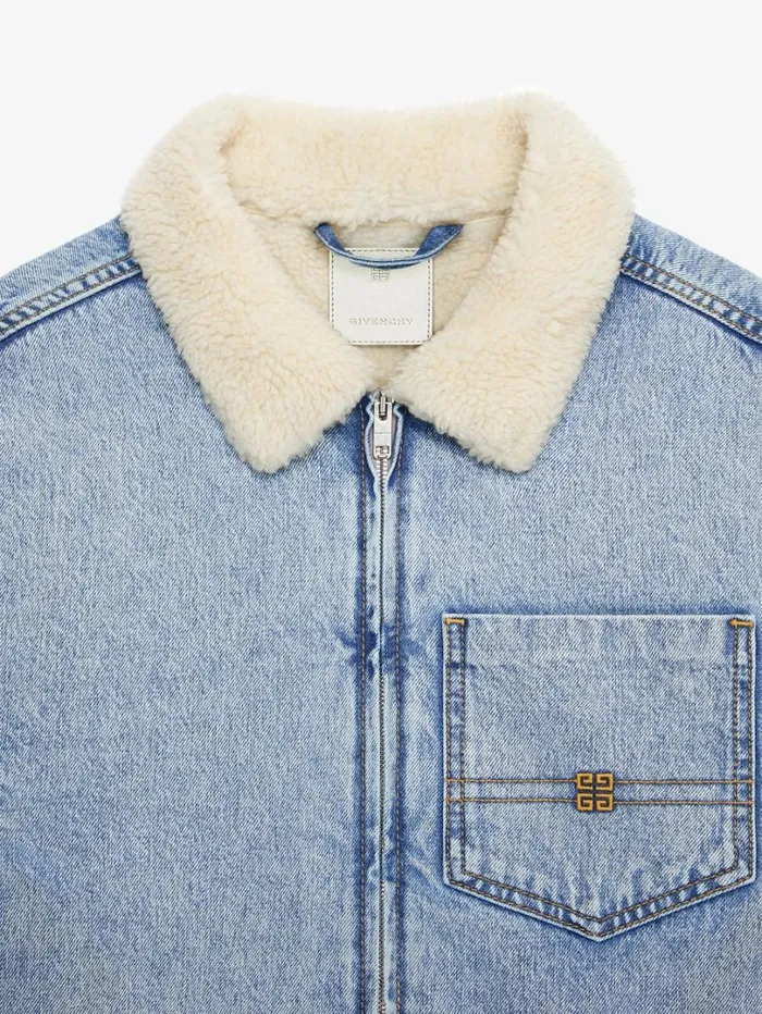 Givenchy Cropped Jacket In Denim And Shearlingeffect Collar Light Blue Women Outerwear and Blousons