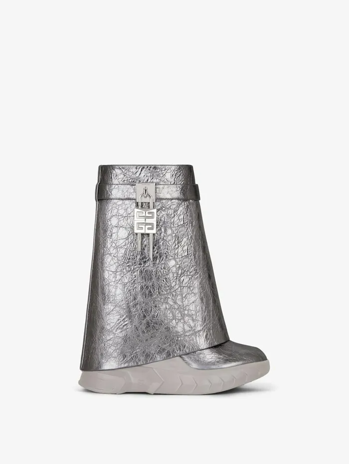 Givenchy Shark Lock Biker Ankle Boots In Laminated Leather Silvery Grey Women Shark Lock