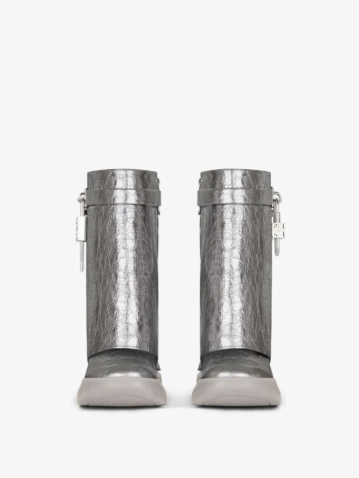 Givenchy Shark Lock Biker Ankle Boots In Laminated Leather Silvery Grey Women Shark Lock Givenchy Shark Lock Biker Ankle Boots In Laminated Leather Silvery Grey Women Shark Lock