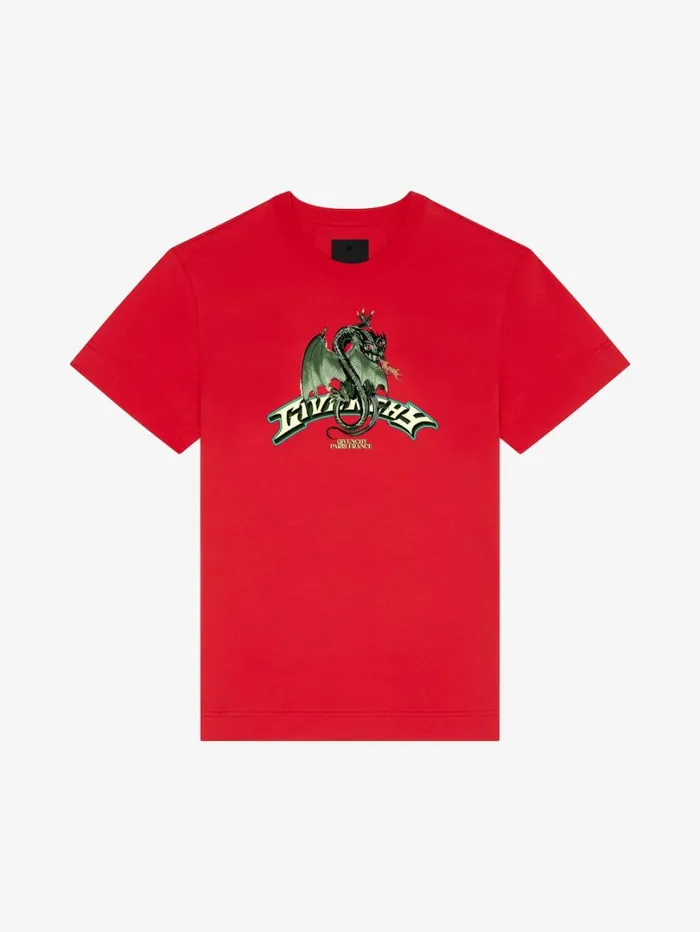 Givenchy Slim Fit Tshirt In Cotton With GIVENCHY Dragon Print Red Men TShirts
