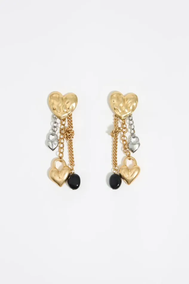 Golden Textured Chain Heart Earrings Gold Women Bimba Y Lola Jewelry