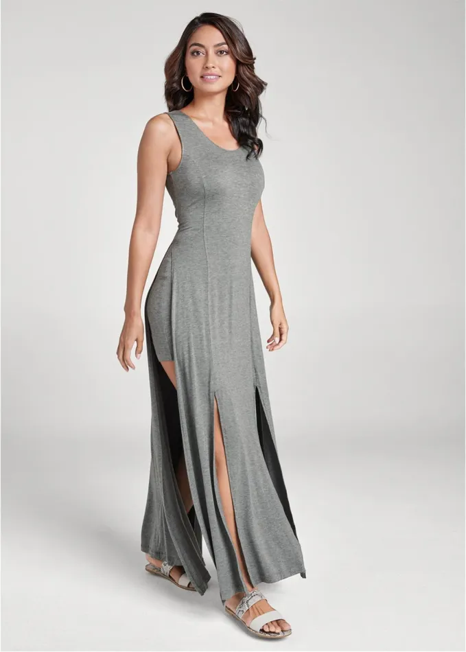HIGH SLIT CASUAL MAXI DRESS Heather Grey Women VENUS Casual Dresses