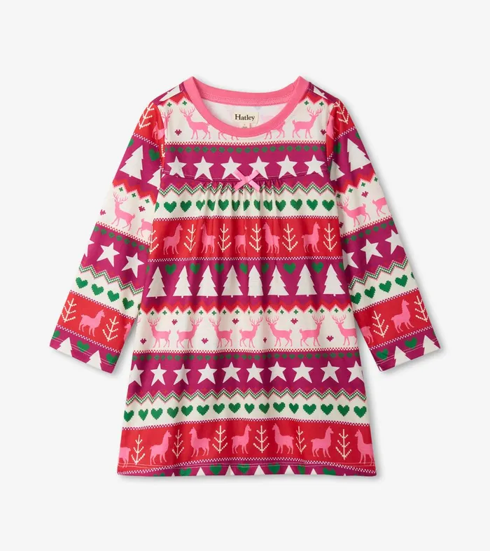 Holiday Fair Isle Long Sleeve Girls Nightgown Hatley