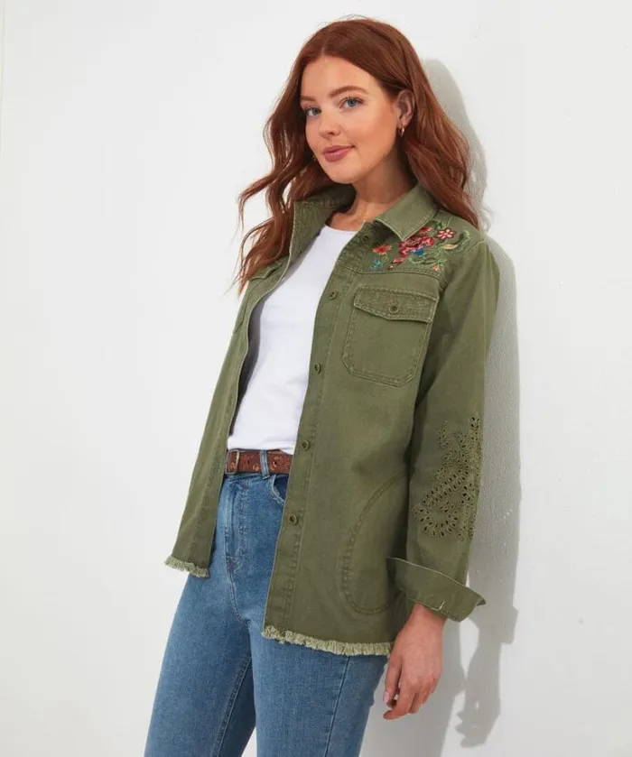 Joe Browns Coats and Jackets Women Summer Dream Embroidered Boutique Shacket Khaki Joe Browns Coats and Jackets Women Summer Dream Embroidered Boutique Shacket Khaki