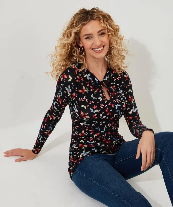 Joe Browns Tops Tunics and Blouses Women Make A Statement Keyhole Jersey Print Top Black