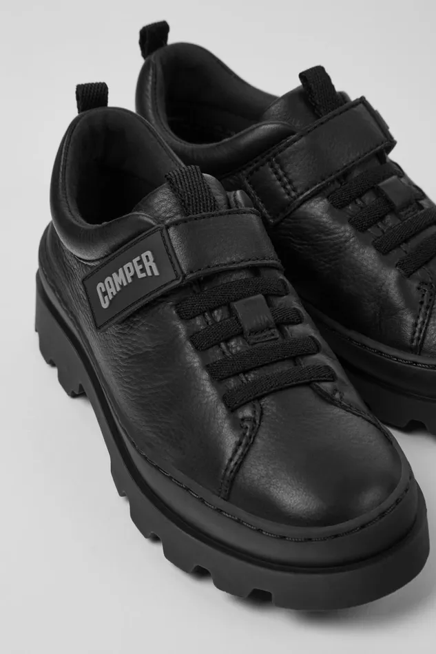 Kids Brutus Black Leather Shoes For Kids Camper Hook And Loop