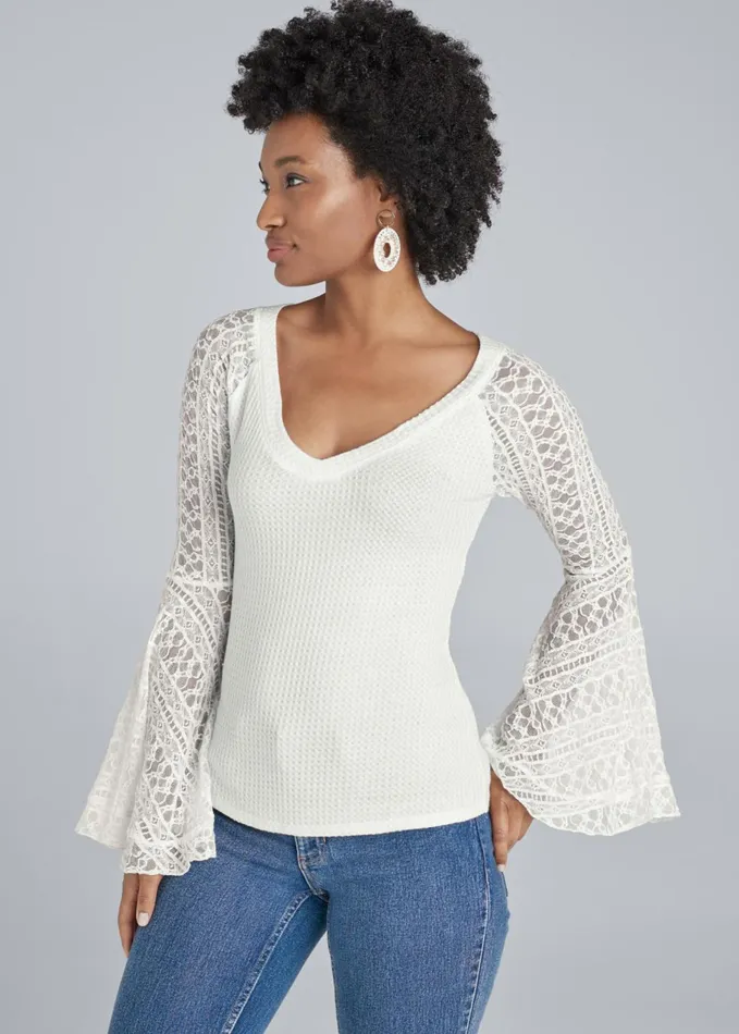 Lace Bell Sleeve Waffle Knit Top Off White Women VENUS Casual Tops