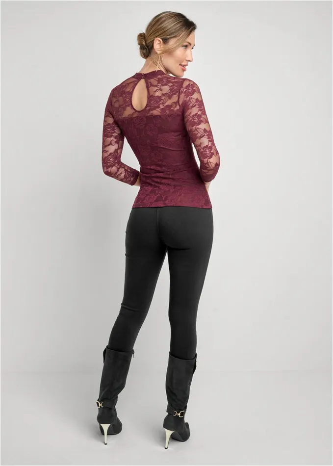 Lace Keyhole Top Wine Women VENUS Night Out Tops