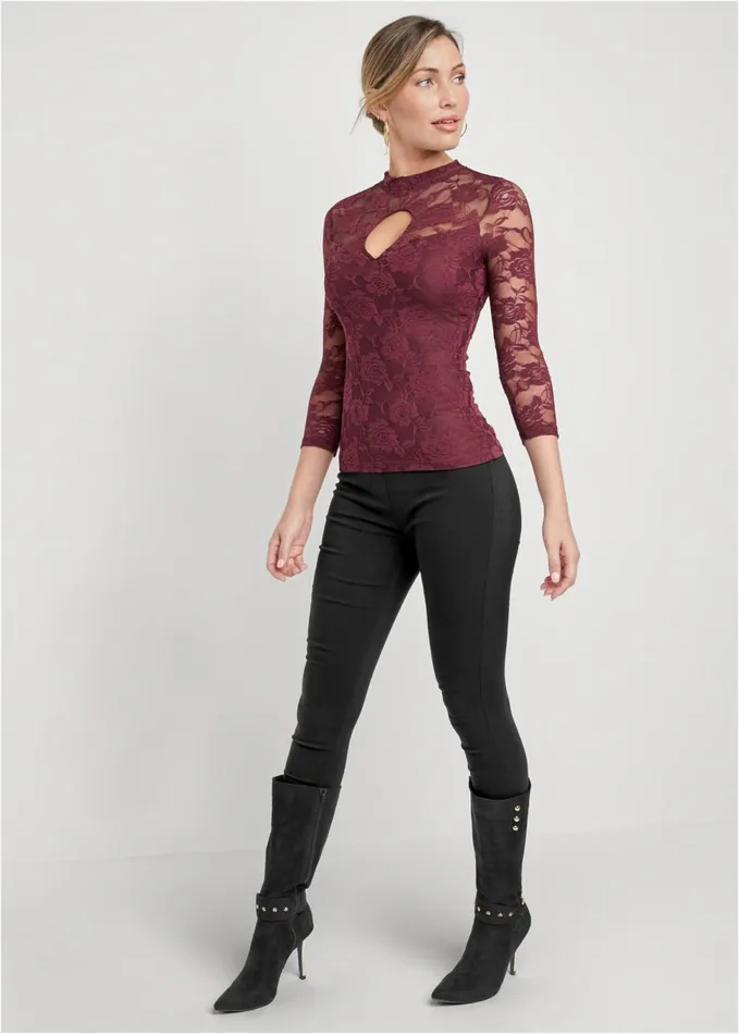 Lace Keyhole Top Wine Women VENUS Night Out Tops