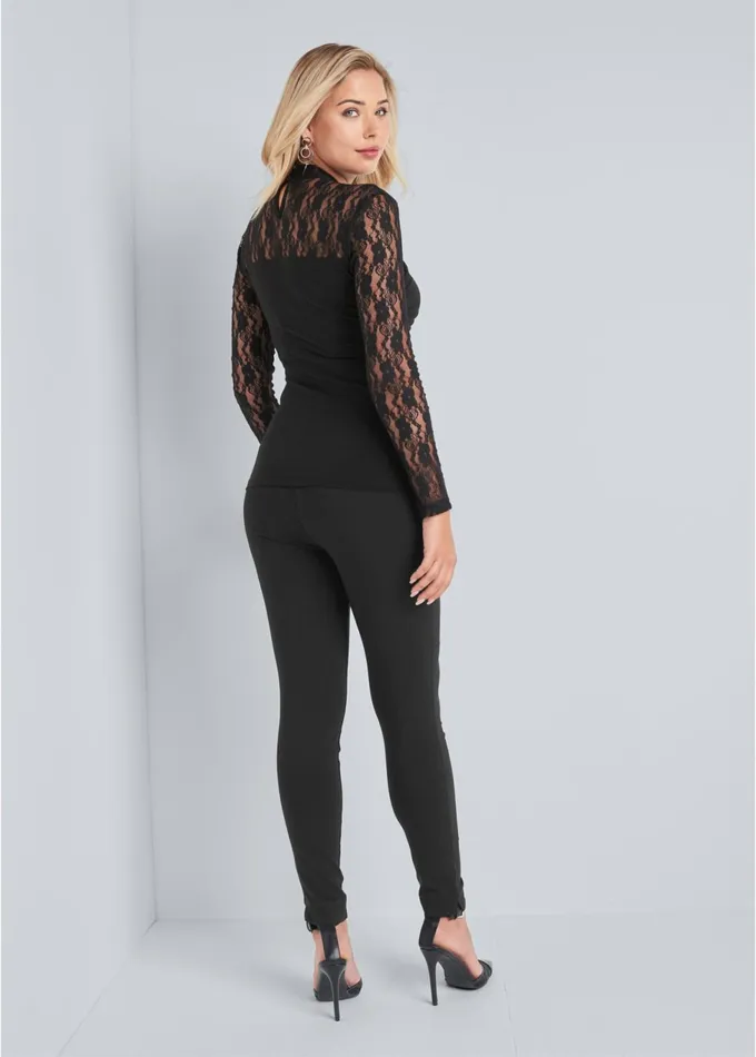 LACE SLEEVE SURPLICE TOP Black Women VENUS Night Out Tops
