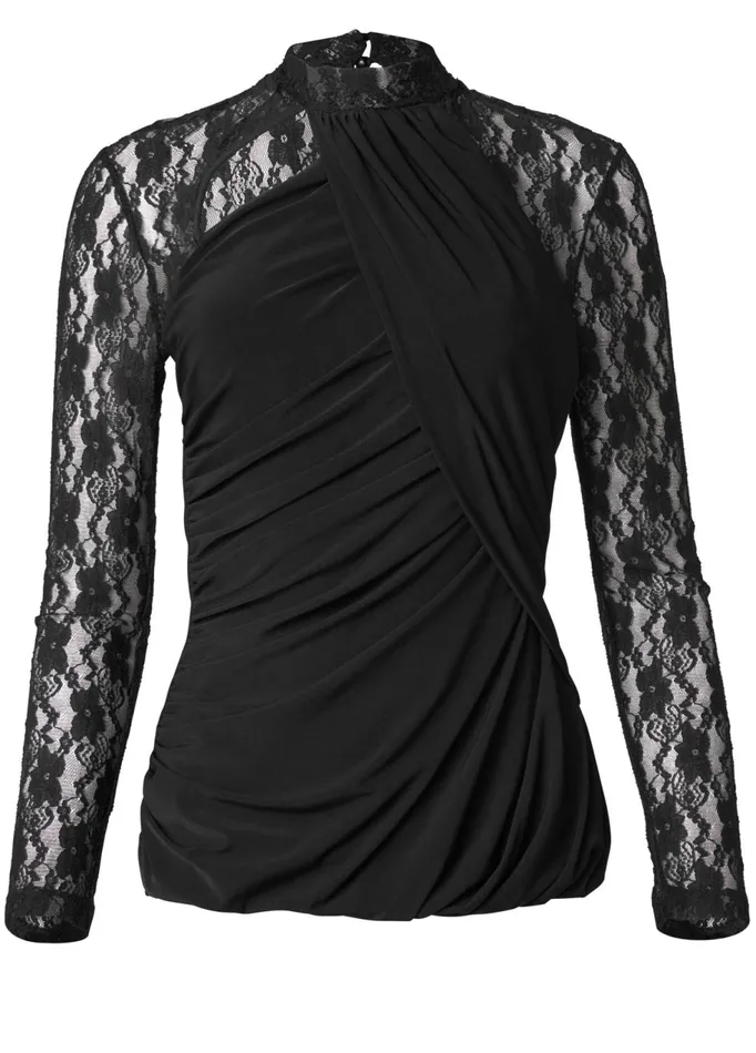 LACE SLEEVE SURPLICE TOP Black Women VENUS Night Out Tops