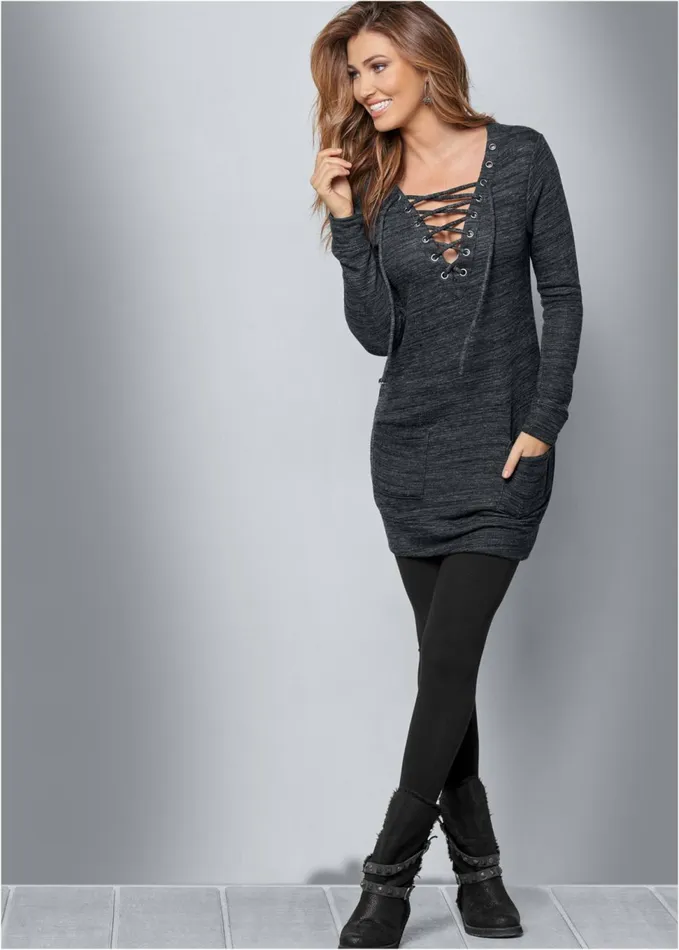 LaceUp French Terry Dress Charcoal Grey Women VENUS Dresses