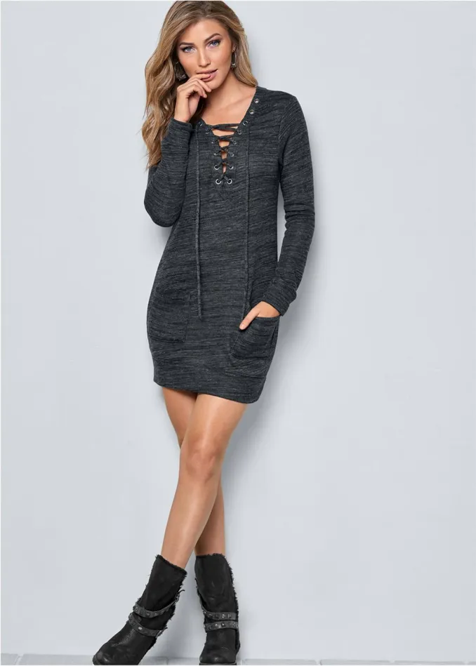 LaceUp French Terry Dress Charcoal Grey Women VENUS Dresses