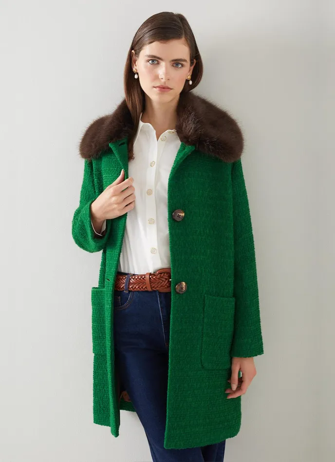 LK Bennett Aster Green Italian Boucl Coat With Faux Fur Collar Women Coats and Jackets