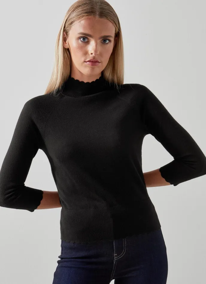 LK Bennett Betty Black Sustainably Sourced Merino Wool Scallop Edge Jumper Women Knitwear LK Bennett Betty Black Sustainably Sourced Merino Wool Scallop Edge Jumper Women Knitwear