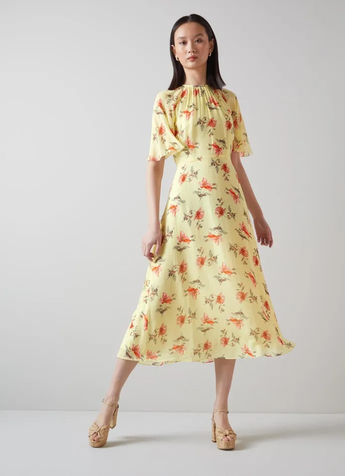 LK Bennett Elowen Yellow And Pink Giant Poppy Print Midi Dress Women Dresses