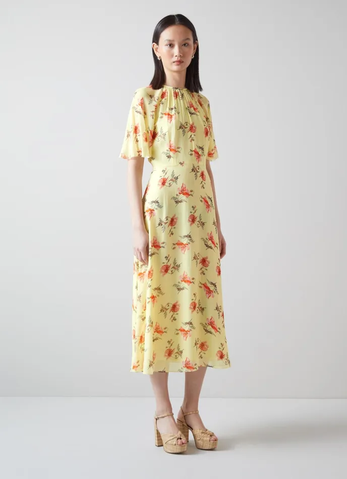LK Bennett Elowen Yellow And Pink Giant Poppy Print Midi Dress Women Dresses