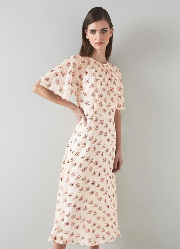 LK Bennett Elowen Yellow And Pink Giant Poppy Print Midi Dress Women Dresses