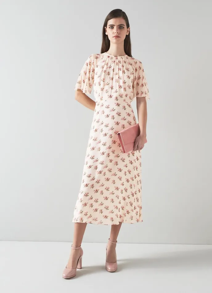 LK Bennett Elowen Yellow And Pink Giant Poppy Print Midi Dress Women Dresses