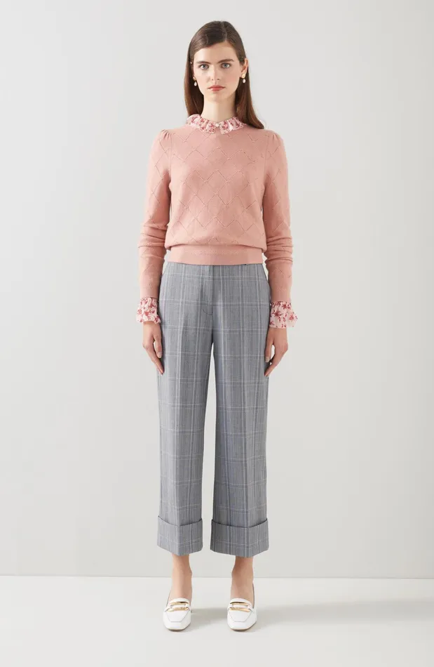 LK Bennett Joy Pink And Grey Check TurnUp Trousers Women Trousers