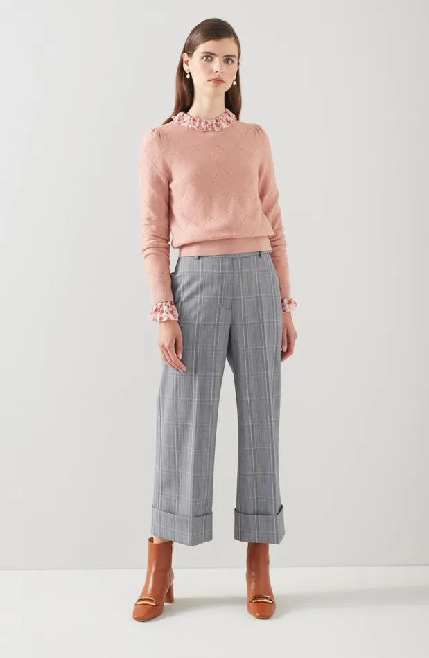 LK Bennett Joy Pink And Grey Check TurnUp Trousers Women Trousers