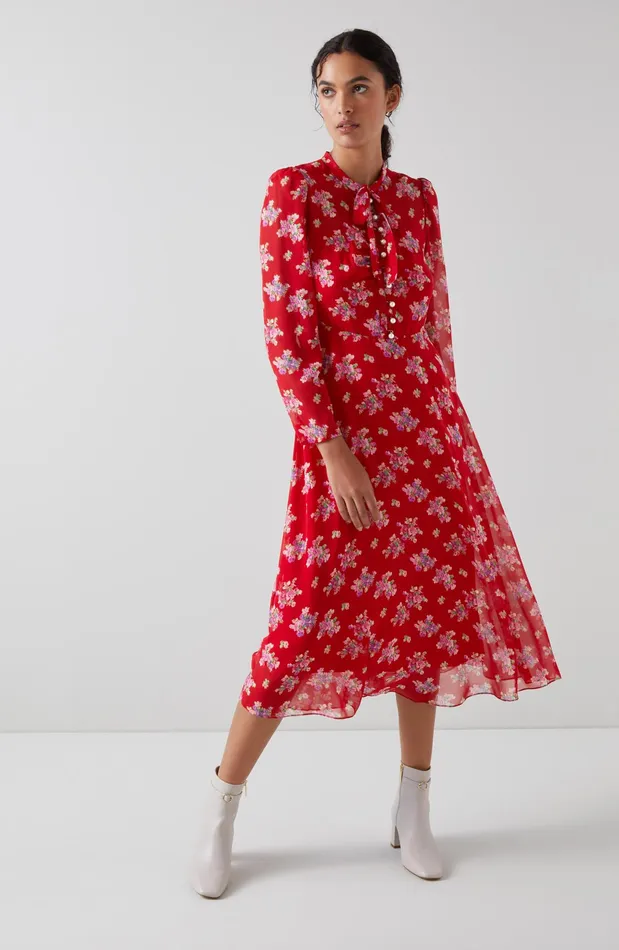 LK Bennett Keira Red Floral Print Silk Dress Women Dresses