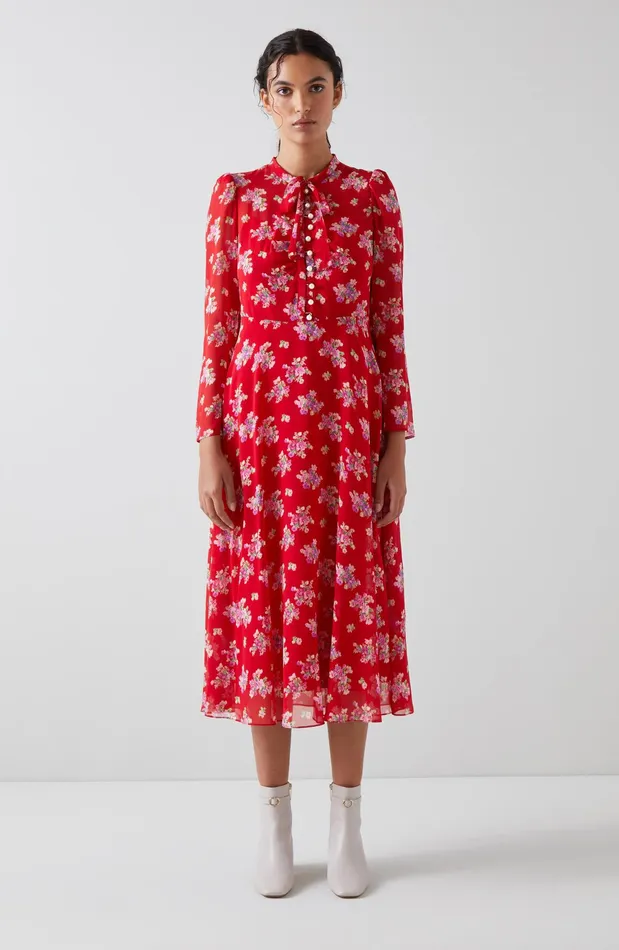 LK Bennett Keira Red Floral Print Silk Dress Women Dresses